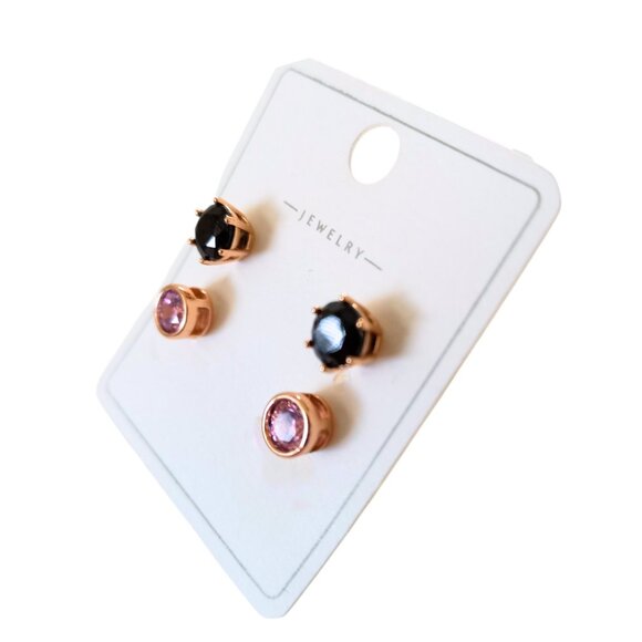 ๐ค๐ Set of 2 Pairs of Rose Gold Plated Stud Earrings โ Black and Pink Crystals - Picture 5 of 5